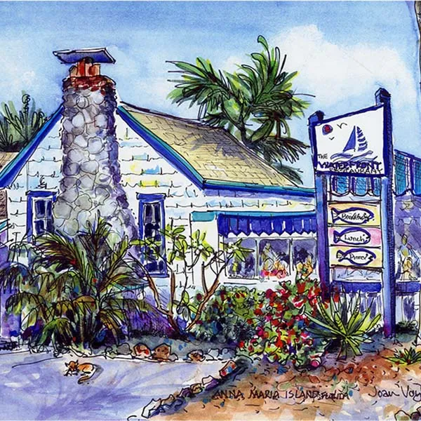 Watercolor-style artist's rendering of The Waterfront Restaurant building