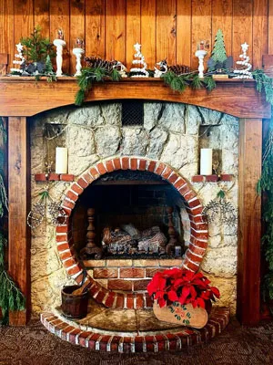 Christmas decorations around the fireplace at The Waterfront Restaurant